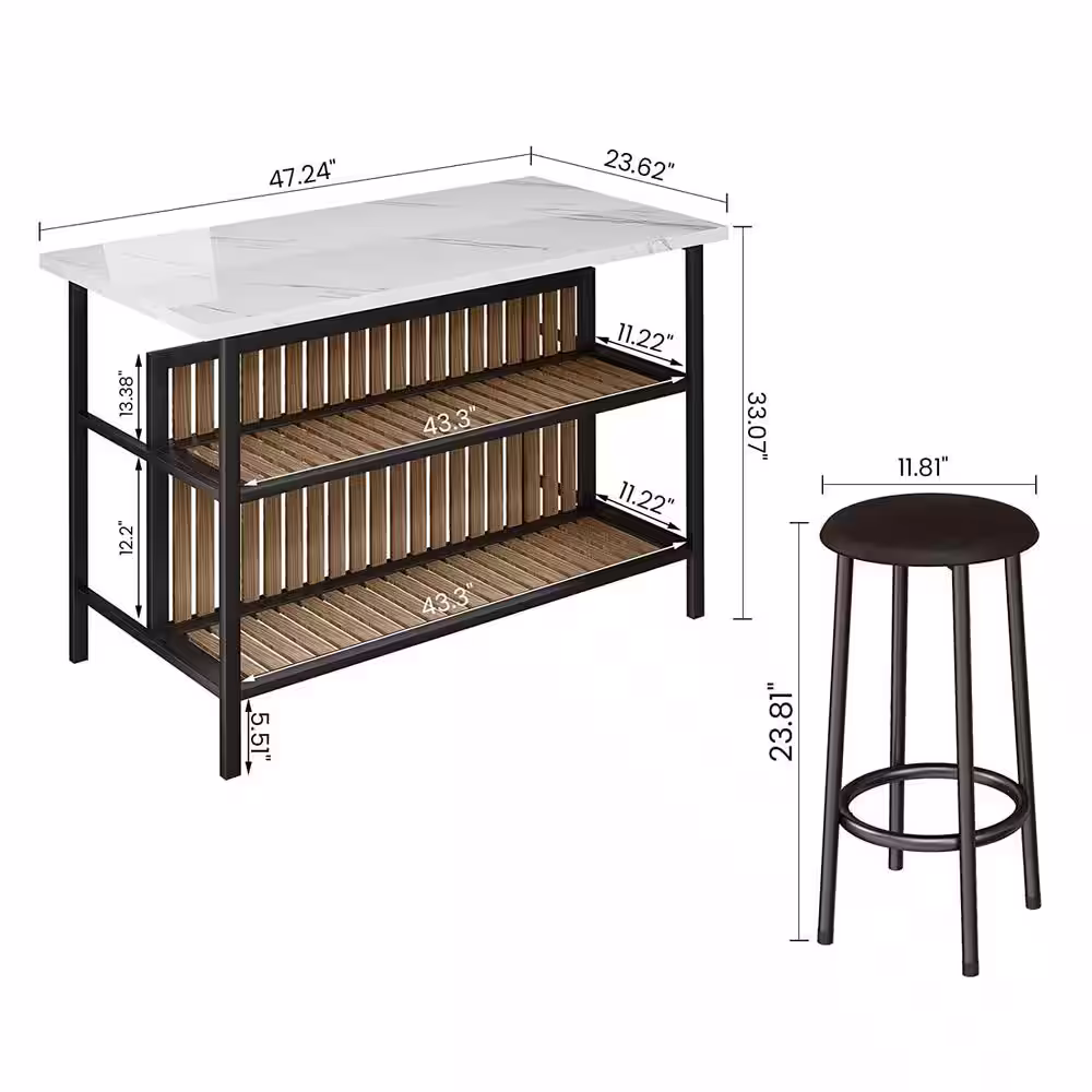 None Greenwood Marble White Kitchen Island Set with Faux Marble Top and 2 Stools