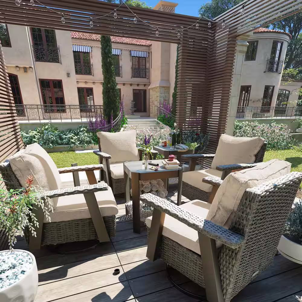 None 6-Piece Wicker Patio Swivel Rocking Chair Conversation Set with Beige Cushions