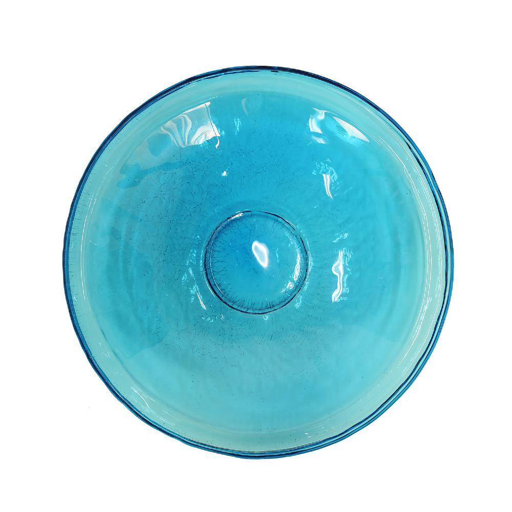 ACHLA DESIGNS 14 in. Dia Round Teal Blue Crackle Glass Birdbath with Black Wrought Iron Tripod Stand