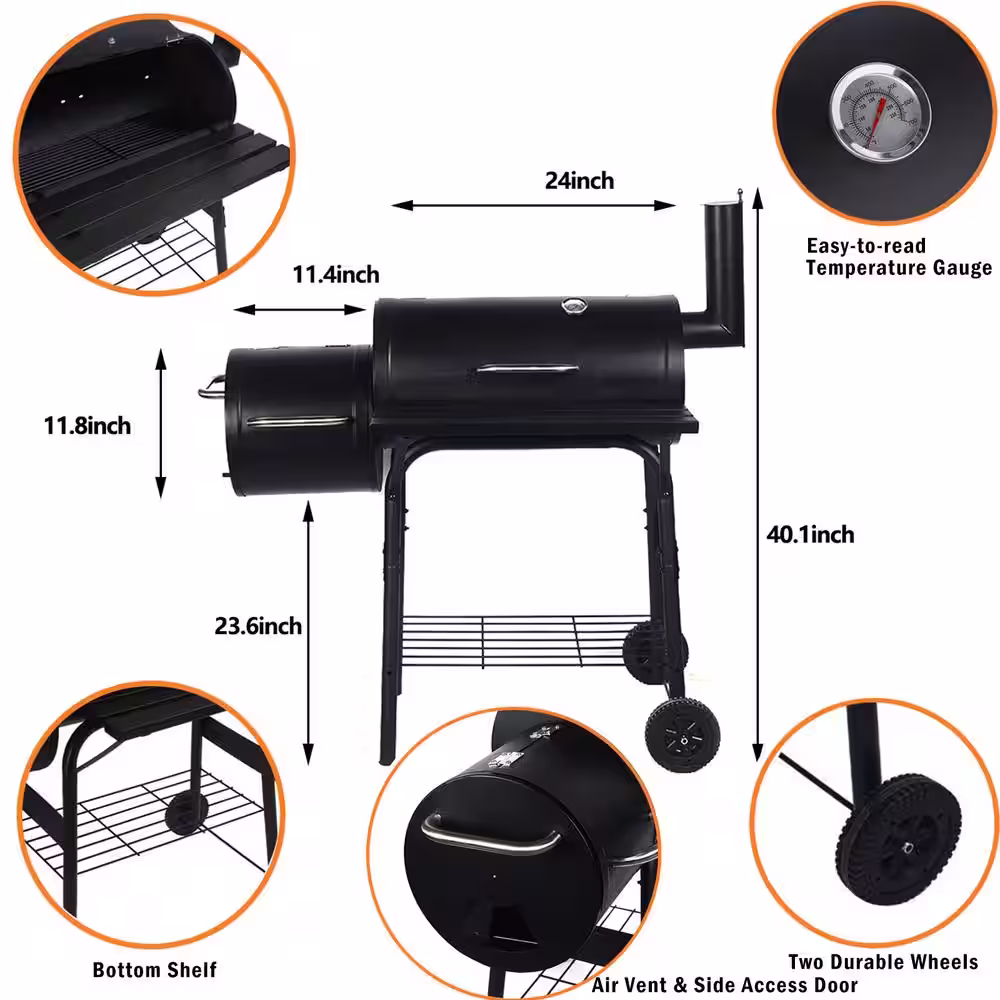 SKONYON Heavy-Duty Charcoal Grill Offset Smoker with Cover in Black