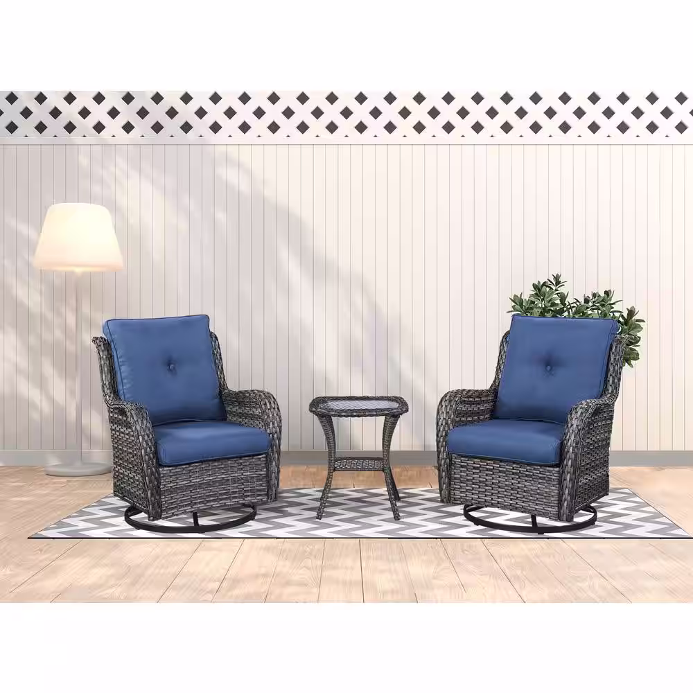 Gymojoy Carolina Gray 3 Pieces Wicker Patio Conversation Deep Seating Set with CushionGuard Blue Cushions