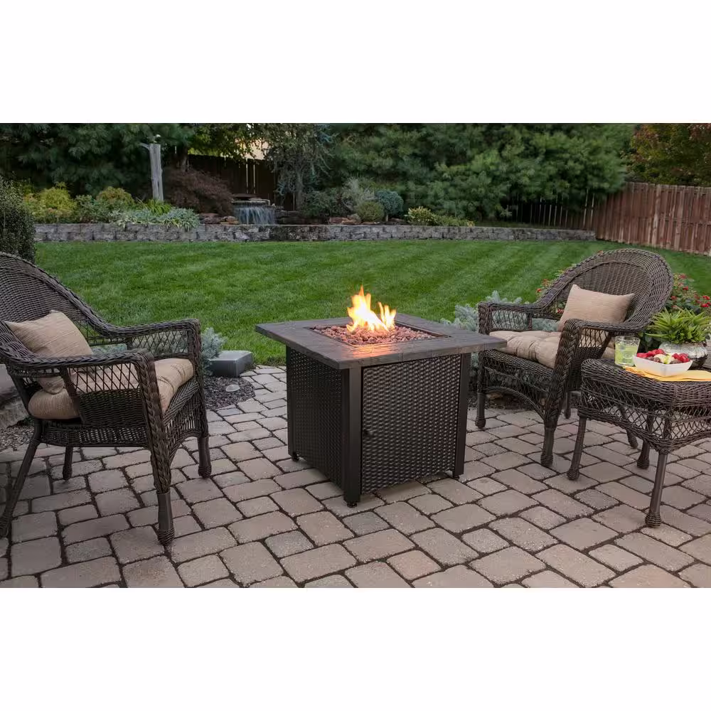 Endless Summer 30 in. W Bronze Finish Steel Base Faux Slate Mantel LP Gas Fire Pit with Electronic Igition and Lava Rocks