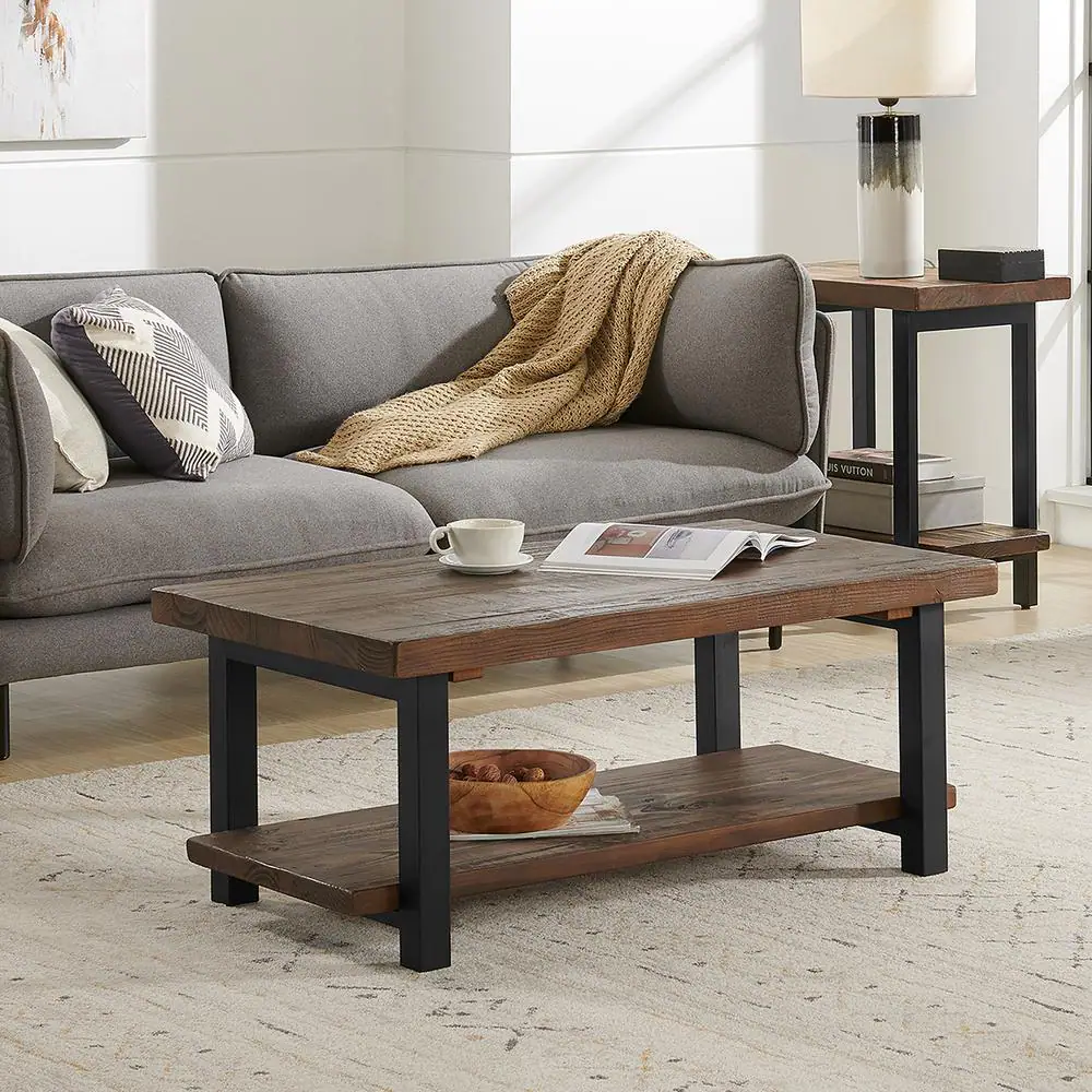 Alaterre Furniture Pomona 42 in. Rustic Natural/Black Large Rectangle Wood Coffee Table with Shelf