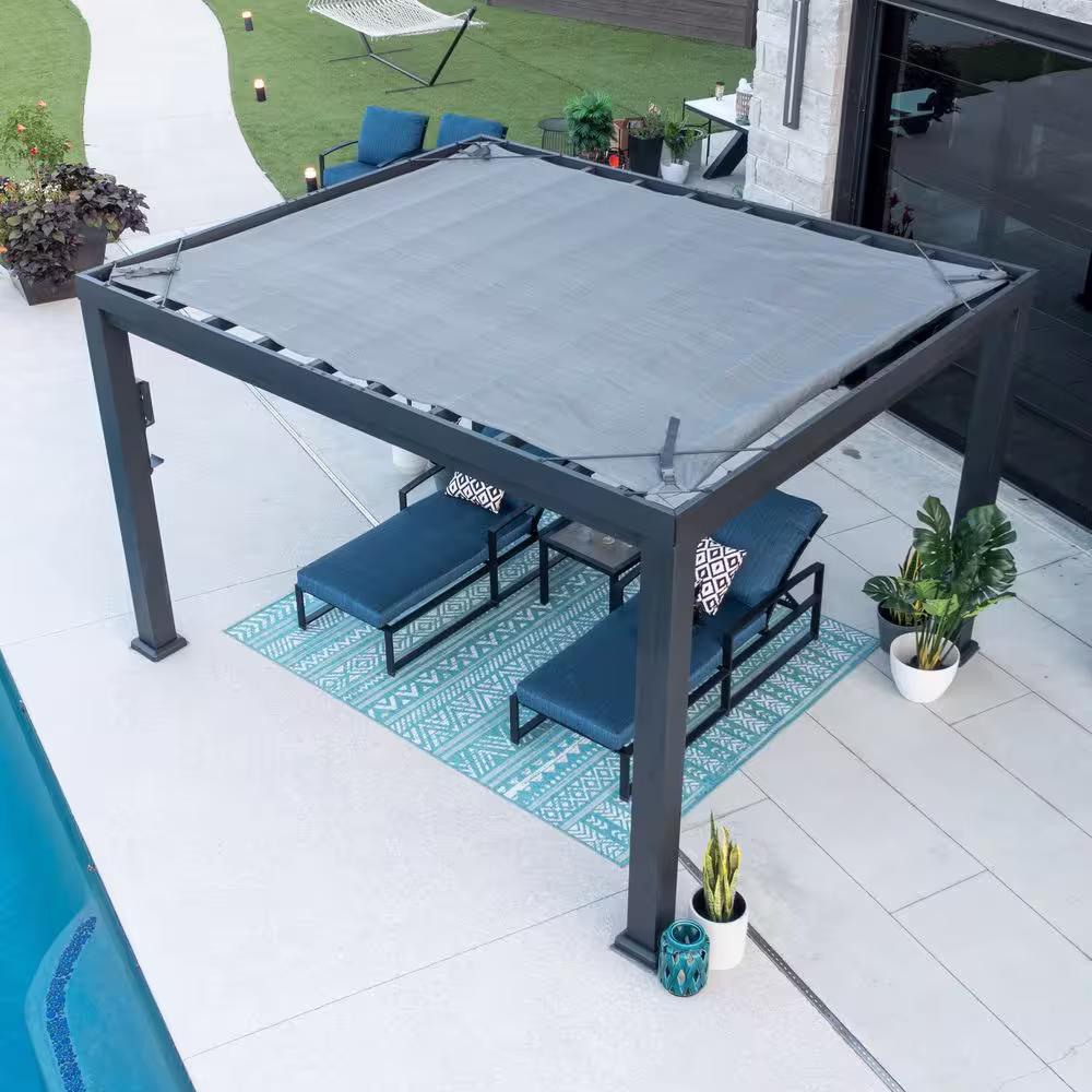 None Trenton 14 ft. x 12 ft. Black Steel Modern Pergola with Sail Shade Soft Canopy