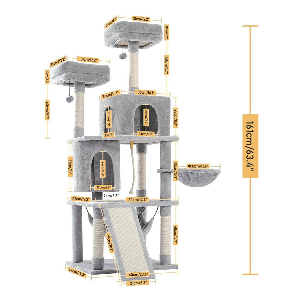 None Multi-Level Gray Pet Cats Scratching Posts and Trees with Ladder, Double Condos, Hammocks,Perches& Hanging Balls