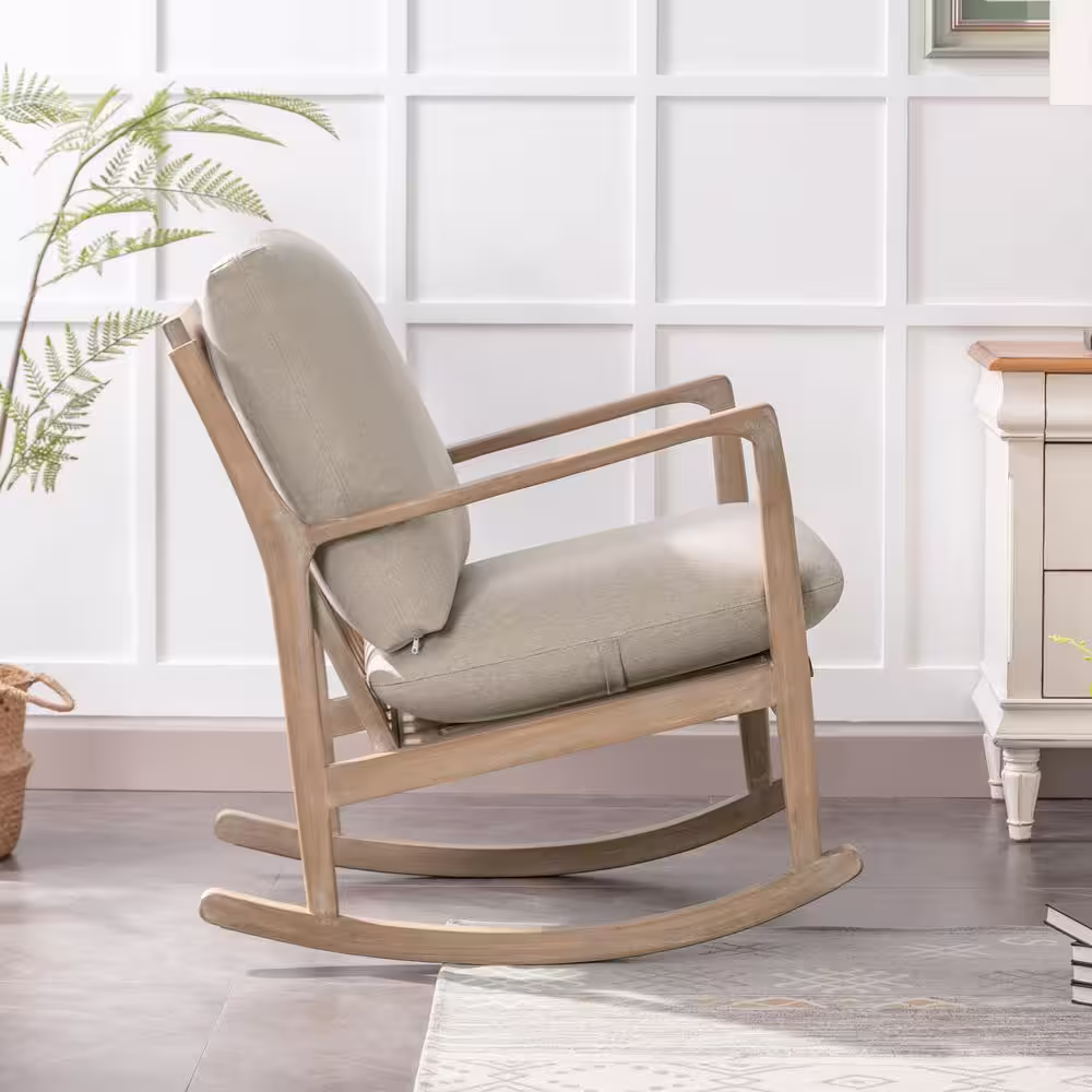 None Beige Solid Wood Rocking Chair Linen Fabric Upholstered Arm Accent Chair