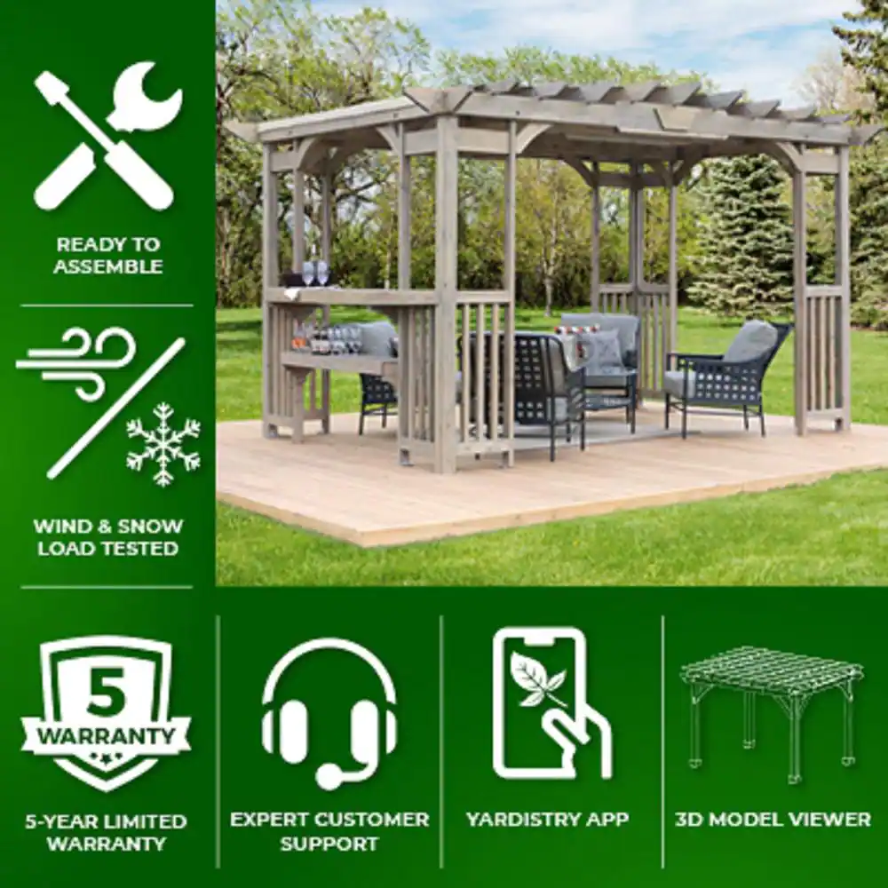 Yardistry Madison 10 ft. x 14 ft. Timber Gray Cedar Wood Backyard Patio Pergola including UV Sun Shade, Counter and Serving Bar