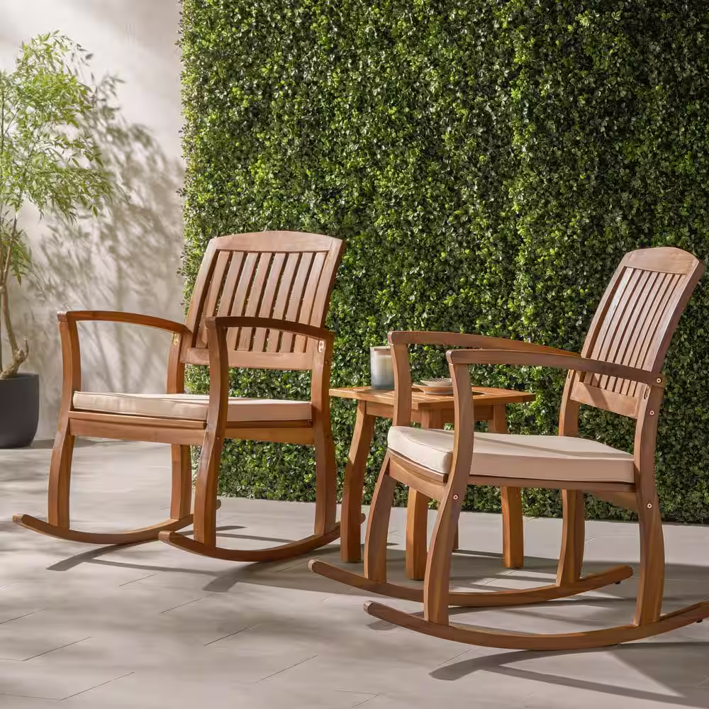 None Selma Teak 3-Piece Wood Patio Conversation Set with White Cushions