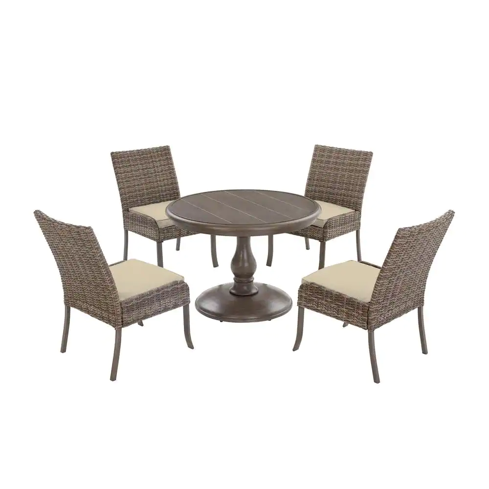 Hampton Bay Windsor 5-Piece Brown Wicker Round Outdoor Patio Dining Set with CushionGuard Biscuit Tan Cushions