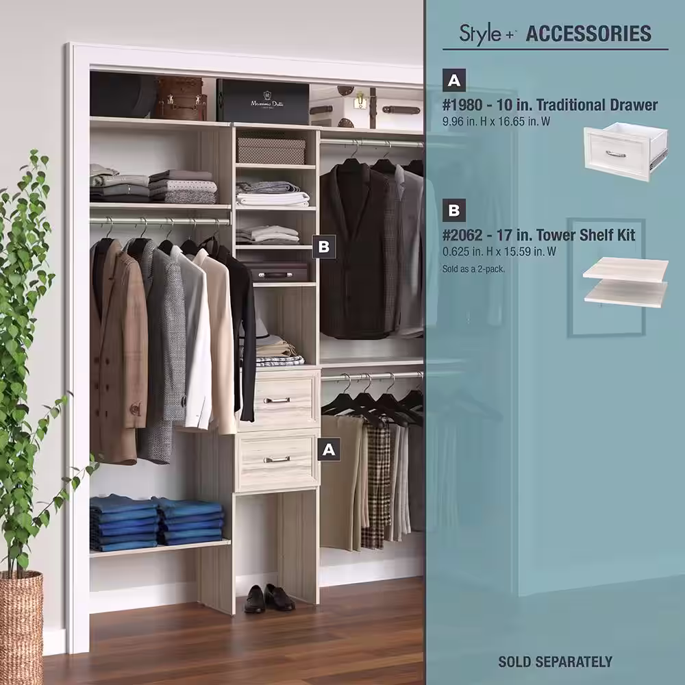 ClosetMaid Style+ 64.9 in W - 112.9 in W Bleached Walnut Basic Narrow Wood Closet System Kit