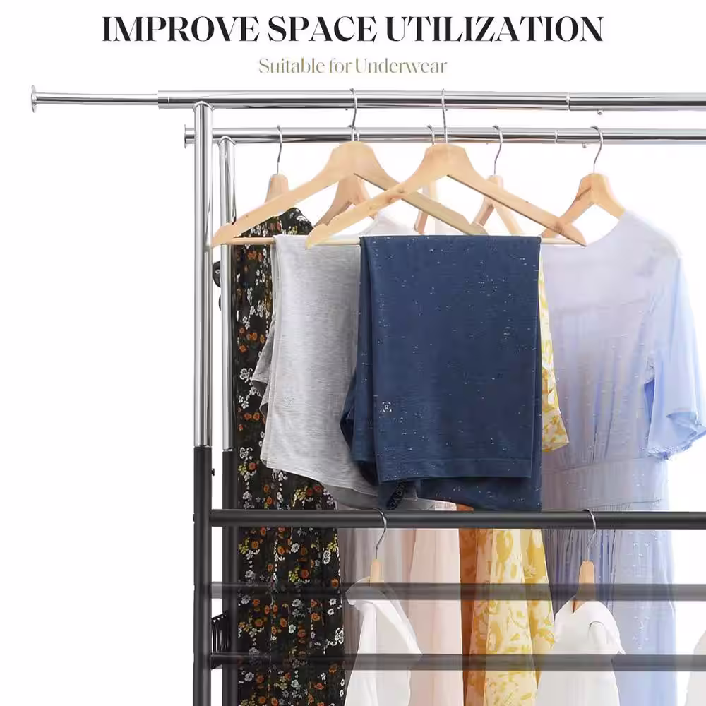 None Black Steel Garment Clothes Rack Double Rods 70 in. W x 71 in. H