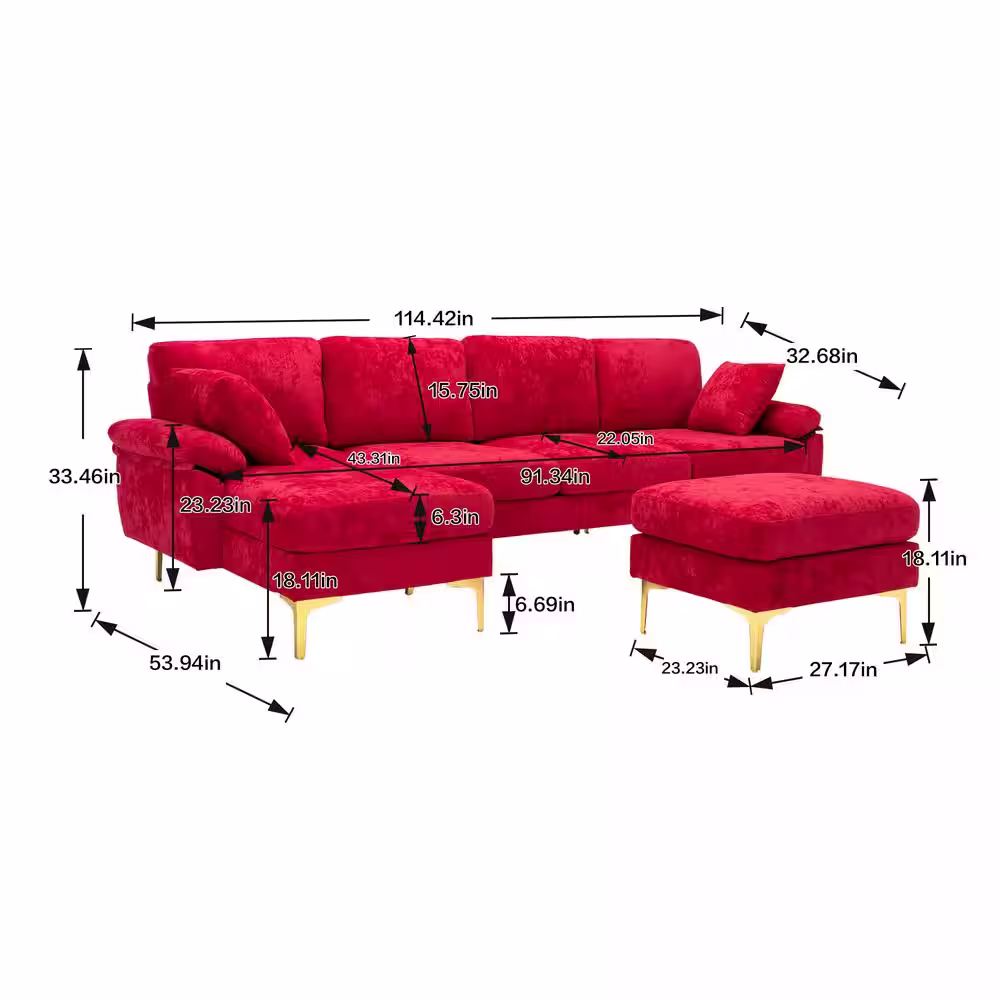 None 114.42 in. W Slope Arm 2-Piece Polyester L-Shaped Sectional Sofa in Red with Ottoman