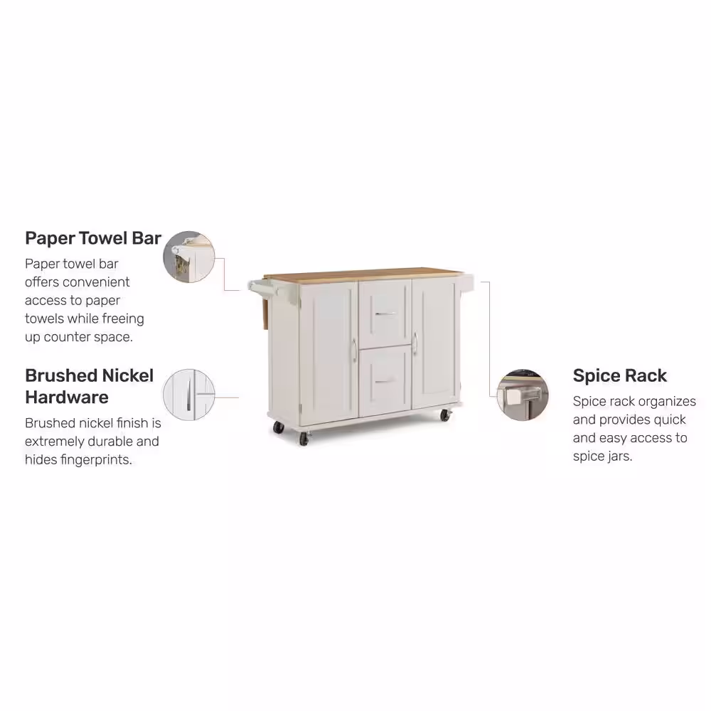 HOMESTYLES Dolly Madison White Kitchen Cart with Natural Wood Top