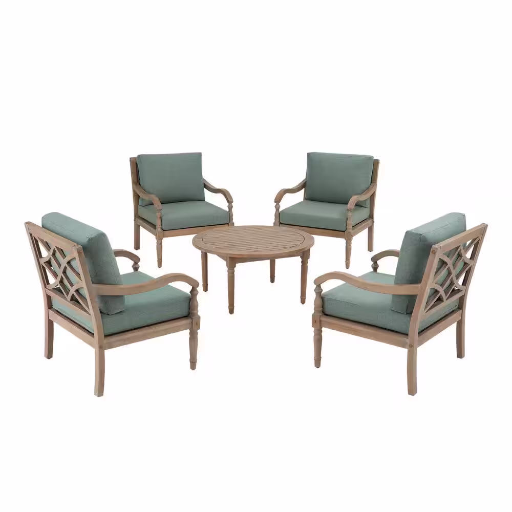 Hampton Bay Lakewood 5-Piece Eucalyptus Patio Chat Set with Spa Cushions