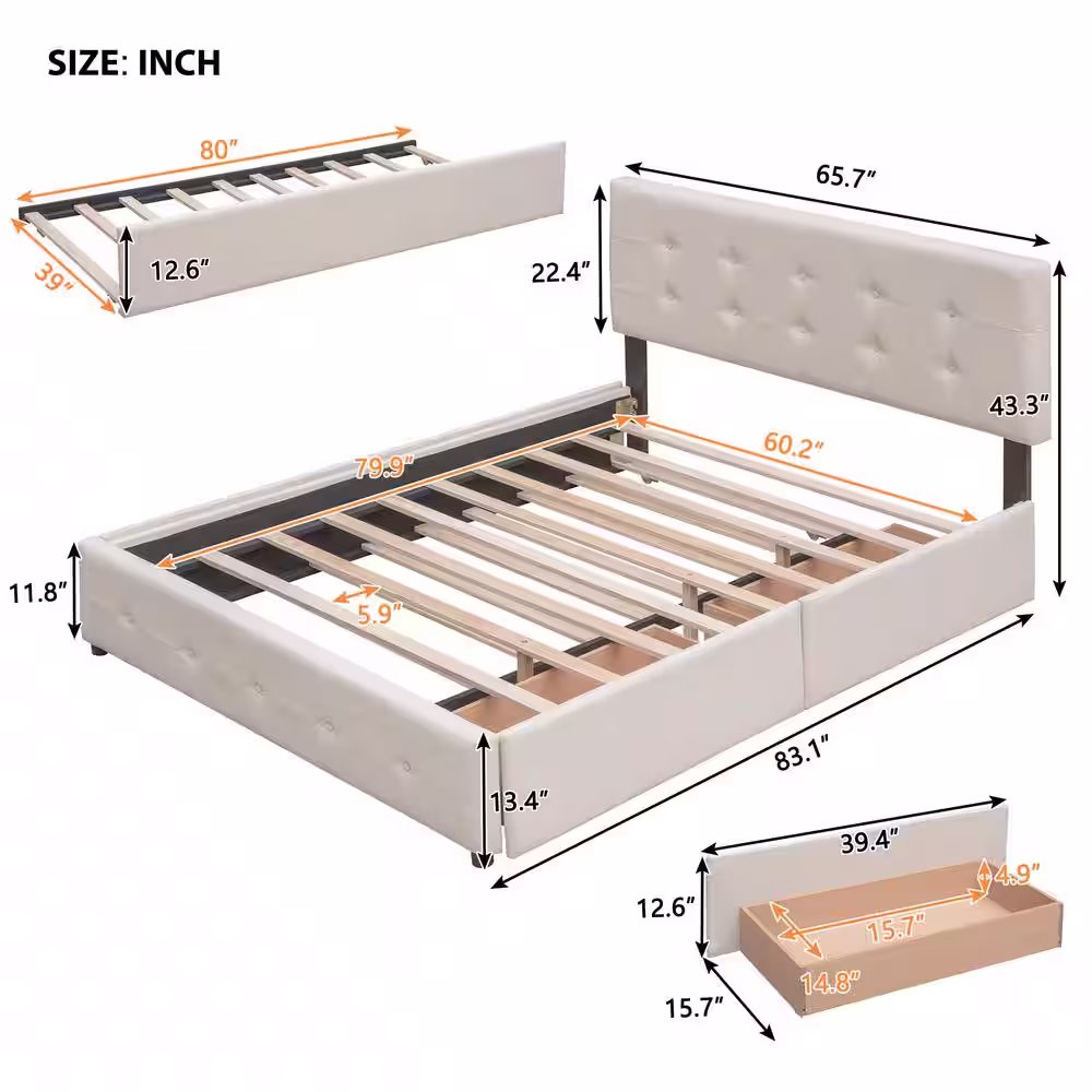 Harper & Bright Designs Beige Wood Frame Queen Size Platform Bed with 2-Drawers and Twin XL Trundle