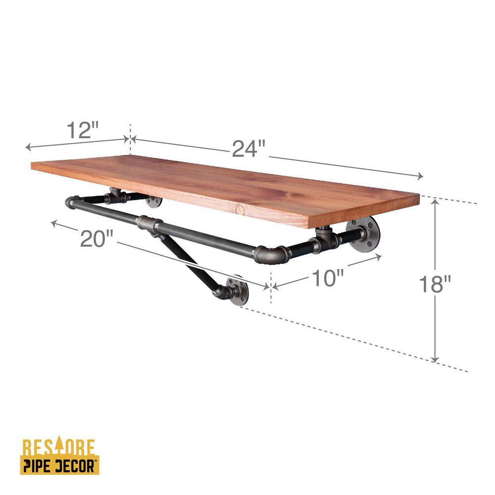 PIPE DECOR 24 in. x 12 in. 18 in. Sunset Cedar Solid Wood Decorative Industrial Wall Shelf With Hanging Rod