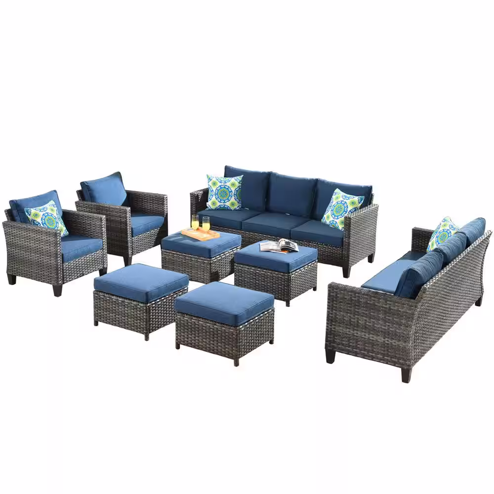 OVIOS New Vultros Gray 8-Piece Wicker Outdoor Patio Conversation Seating Set with Blue Cushions