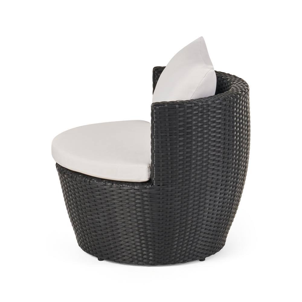 Noble House Kono Black 3-Piece Faux Rattan Patio Conversation Set with White Cushions