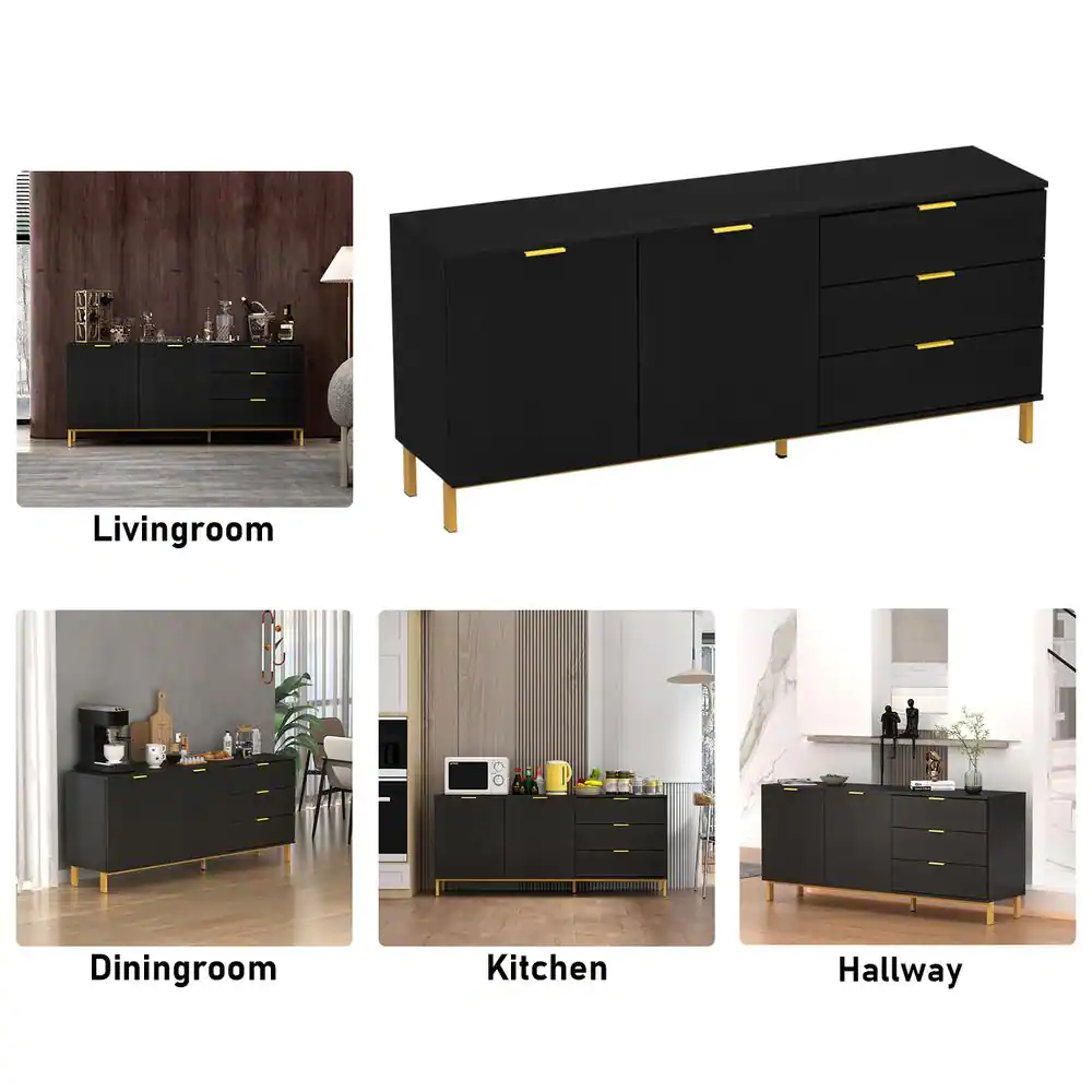 None 62.9 in. W Black Paint Sideboard Kitchen Buffet Cupboard with Drawers and Shelves, Metal Legs