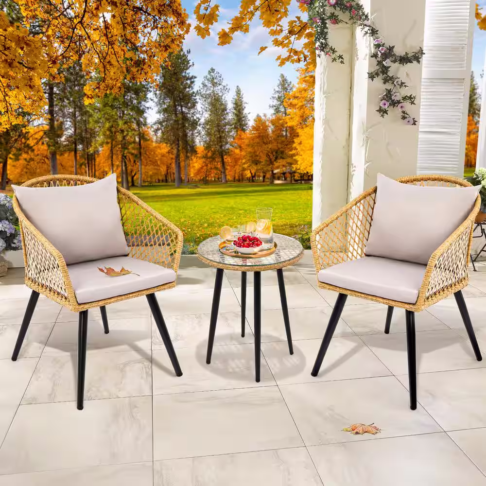 DEXTRUS 3-Piece Wicker Outdoor Bistro Set with Light Yellow Glass Table and Chair Seat Cushion