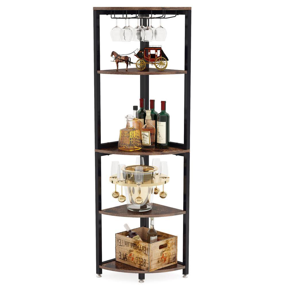 None Eulas 63 in. Brown 5-Tier Corner Shelf, Tall Corner Bookshelf Small Bookcase with Wine Glass Holder
