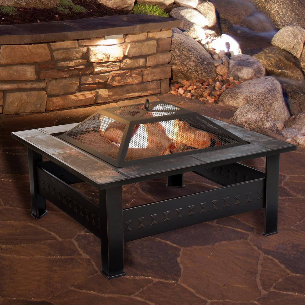 Pure Garden 32 in. Steel Square Tile Fire Pit with Cover