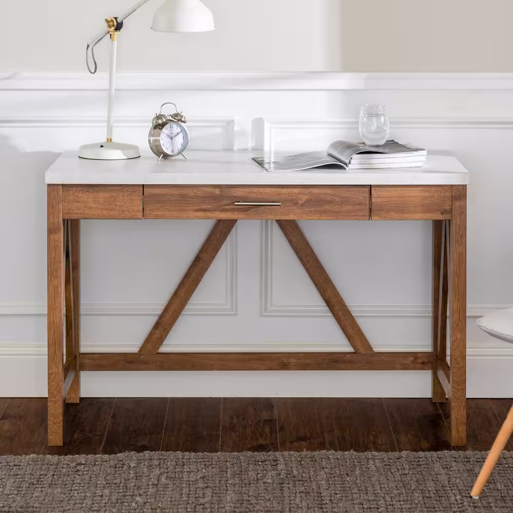 Walker Edison Furniture Company 46 in. Walnut/White Marble Rectangular 1 -Drawer Writing Desk with Faux Marble Top