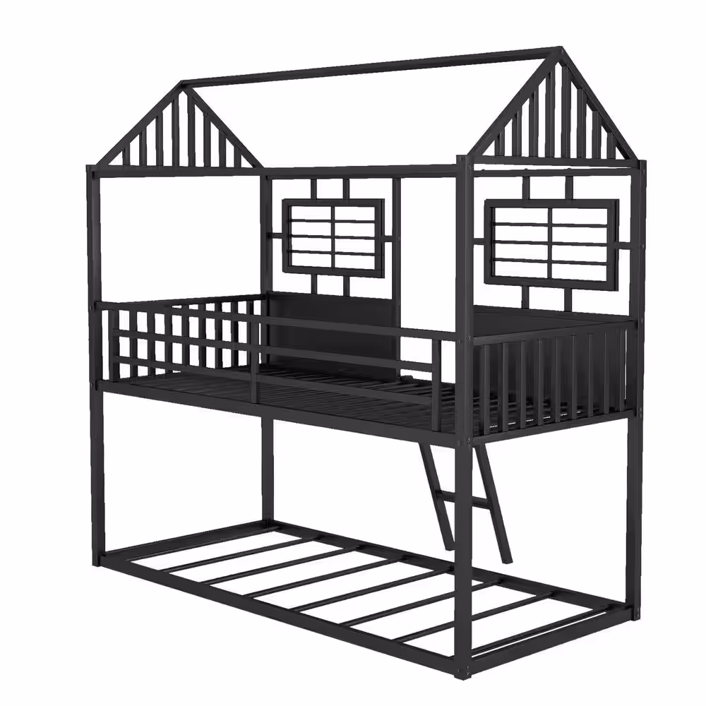 Harper & Bright Designs Black Twin over Twin Metal Bunk Bed with Roof and Fence-shaped Guardrail