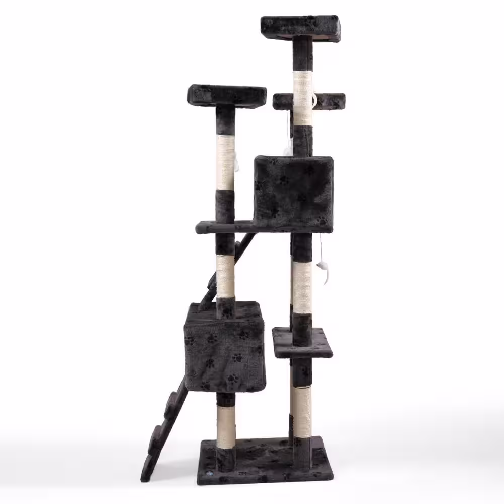 COZIWOW 67 in. Grey with Paw Print Cat Tree Tower Kitten Condo House