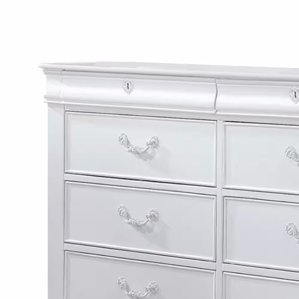 Benjara 8-Drawers White Wooden Dresser with Antique Metal Handles 56 in. L x 15.7 in. W x 37.2 in. H