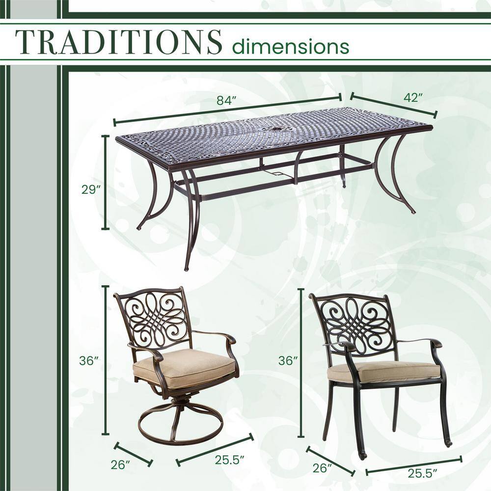 Hanover Traditions 9-Pc Aluminium Rectangular Patio Dining Set with Six Dining Chairs, Two Swivel Rockers & Natural Oat Cushions