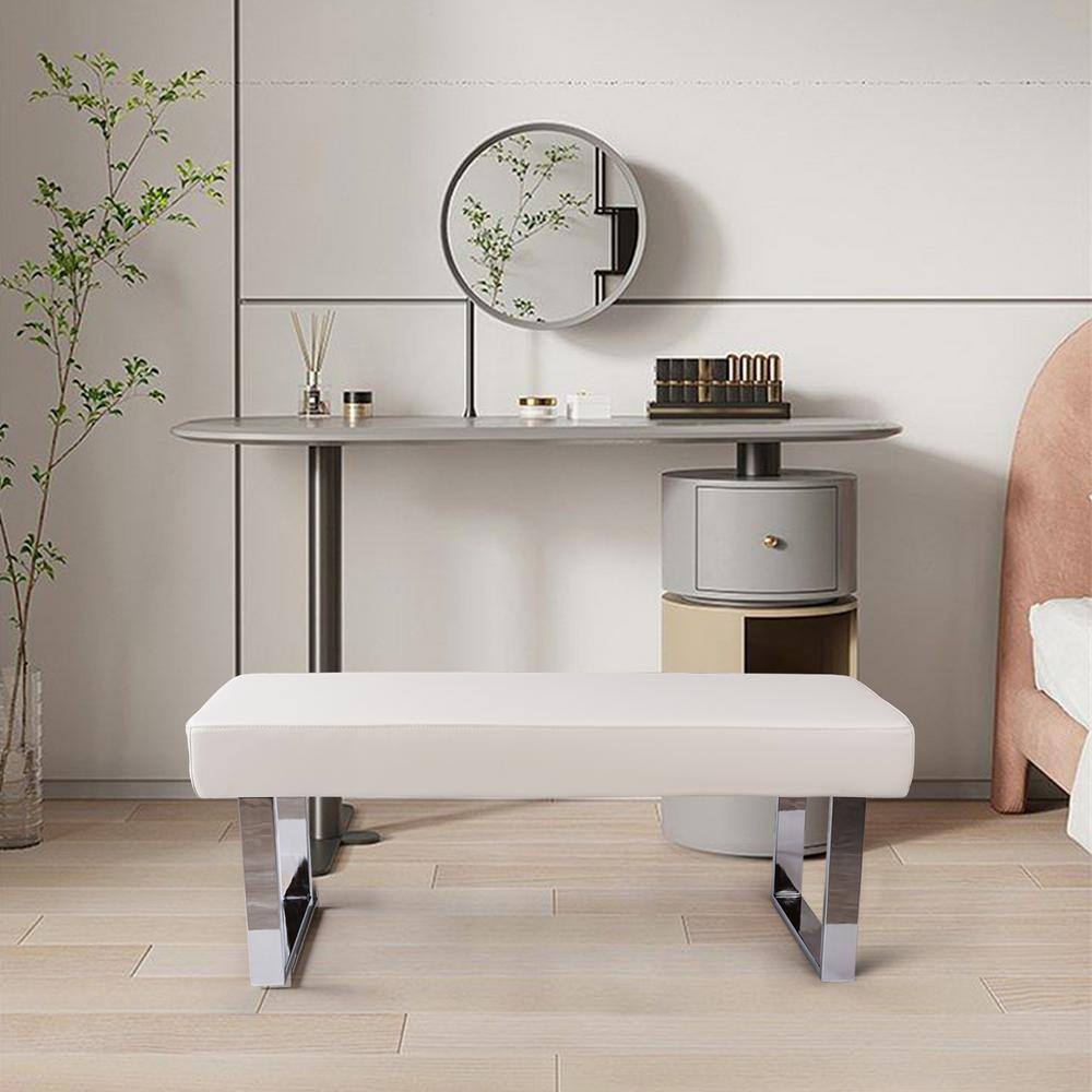 None Modern White Dining Bench Backless with Metal Legs 55.1 in. (White)