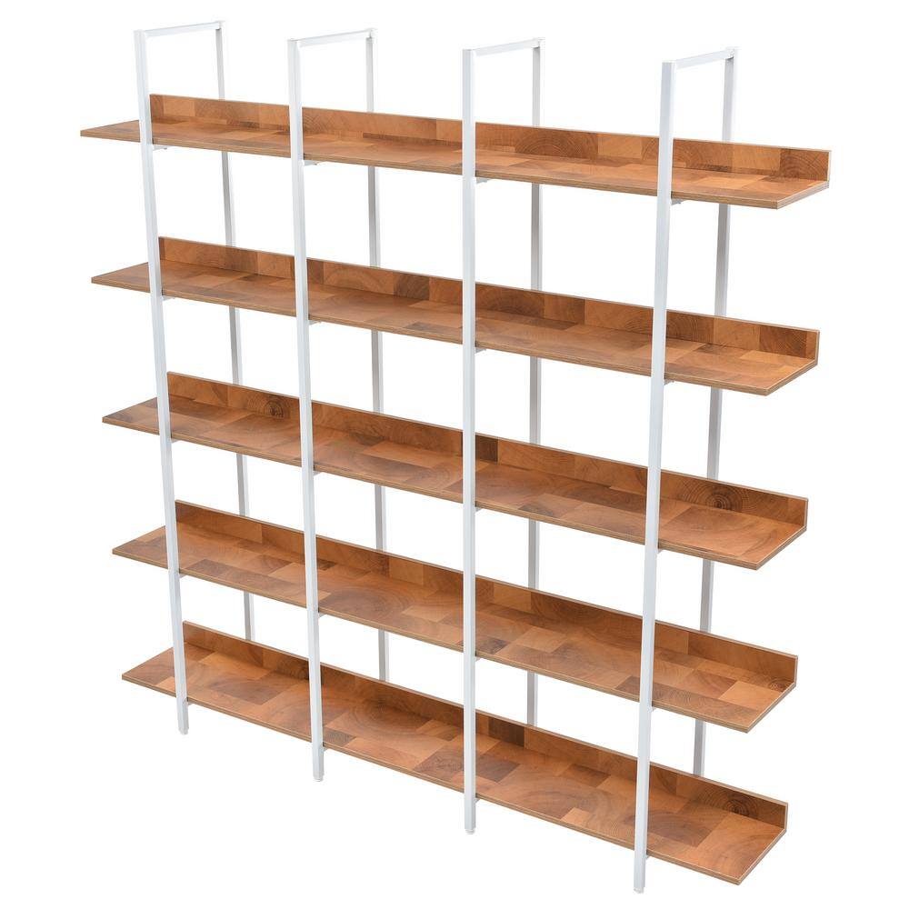 Siavonce 11.81 in. W x 70.90 in. H x 70.90 in. D Brown+White 5 Tier Metal Frame Bookcase Home Office Open MDF Board Bookshelf
