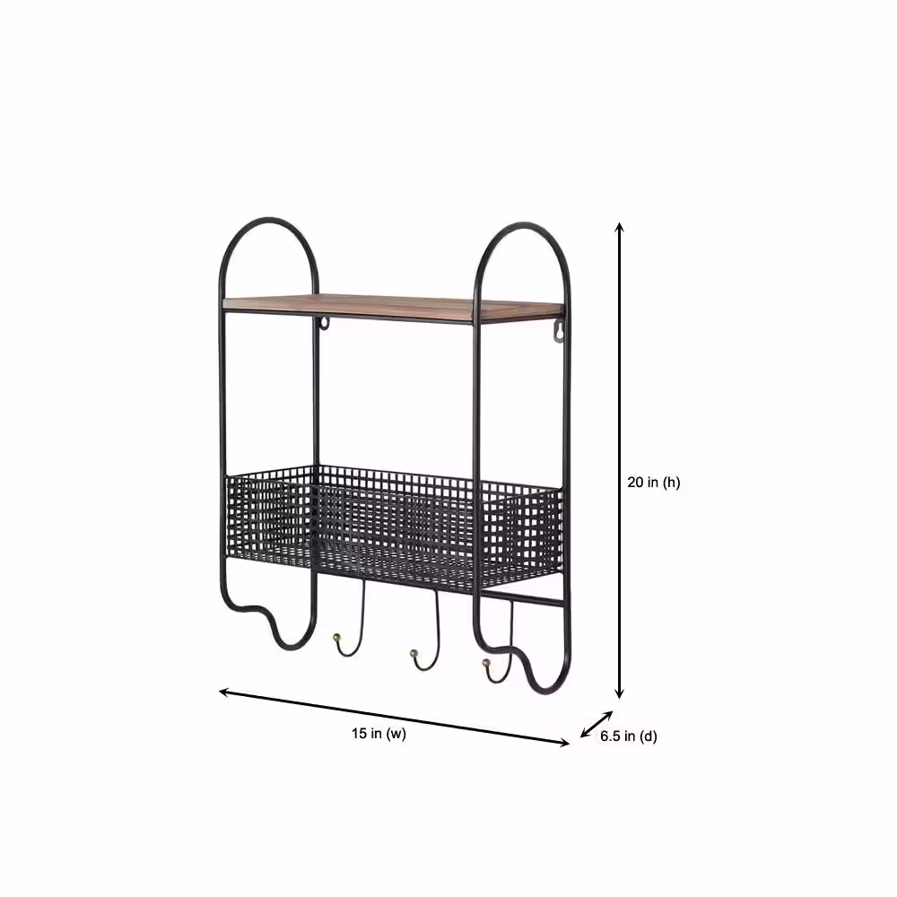 StyleWell 20 in. H x 15 in. W x 6 in. D Black Metal Wall Organizer with Basket and 3 Hooks