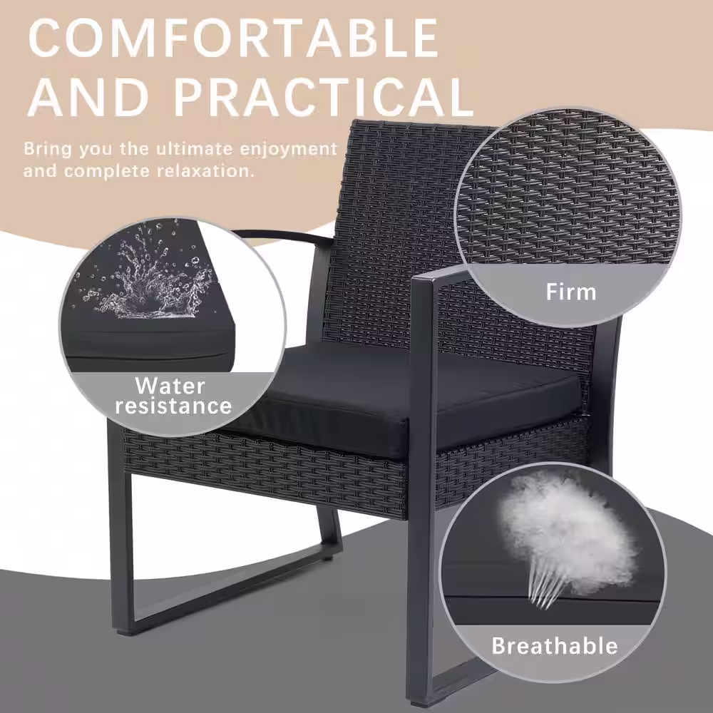 None 3-Piece Wicker Patio Conversation Set Coffee Table and 2 Rattan Chair with Black Cushions