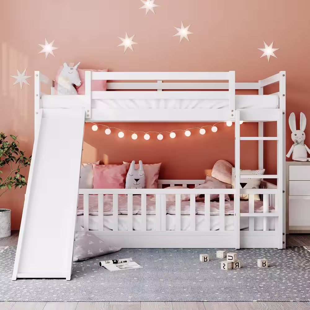 Harper & Bright Designs White Twin Over Twin Wood Bunk Bed with Slide and Ladder