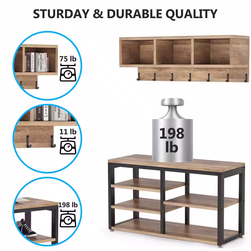 None Howard Coffee Wood 32 in. Shoe Rack with Coat Hooks, Hall Tree with Shoe Bench and Shelves