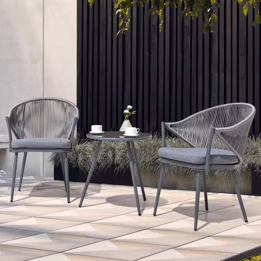 Nuu Garden 3-Piece Woven Rope Aluminum Patio Conversation Set Outdoor Bistro Set with Gray Cushion