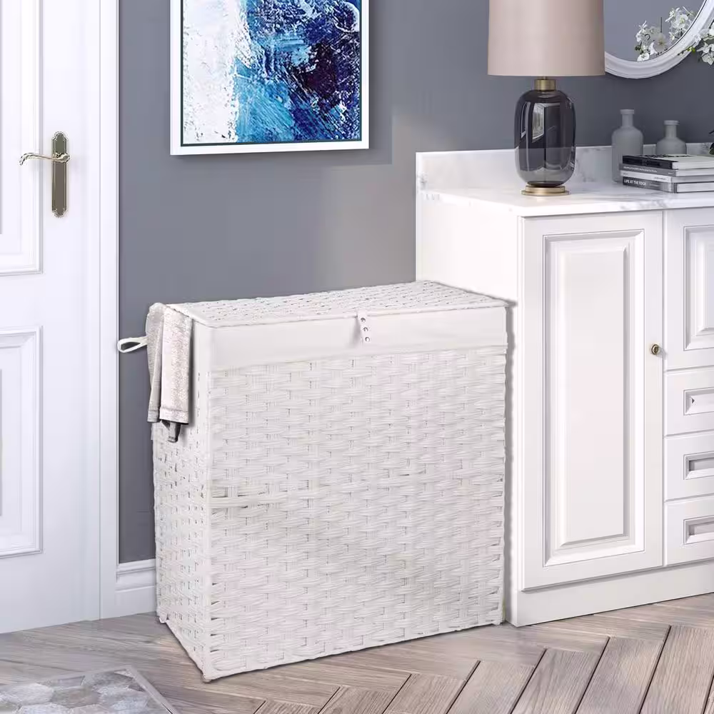 None 110L Rattan Laundry Basket Hamper with 2 Removable Liner Bags White