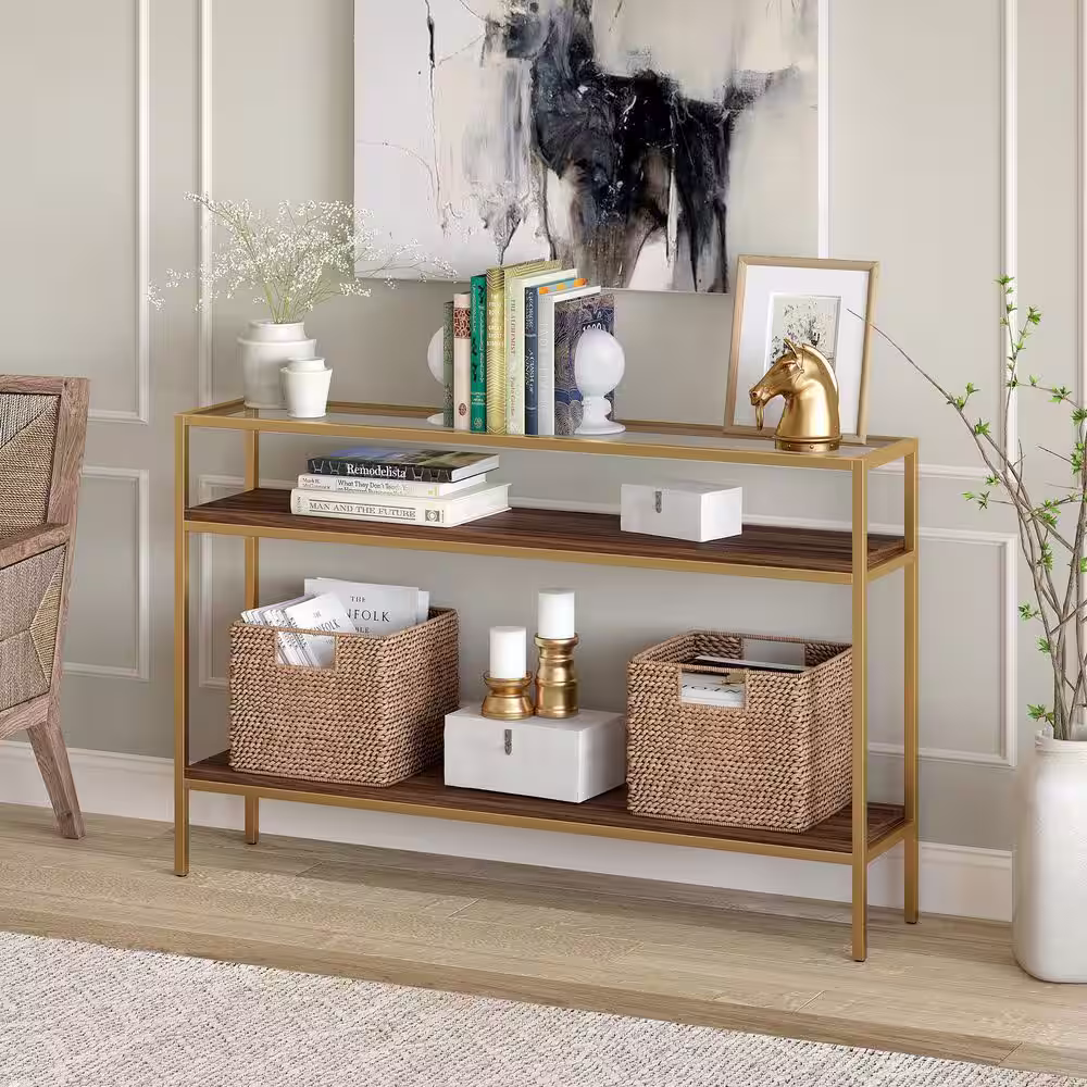 None Felicia 47.6 in. Gold Walnut Rectangle Glass Console Table