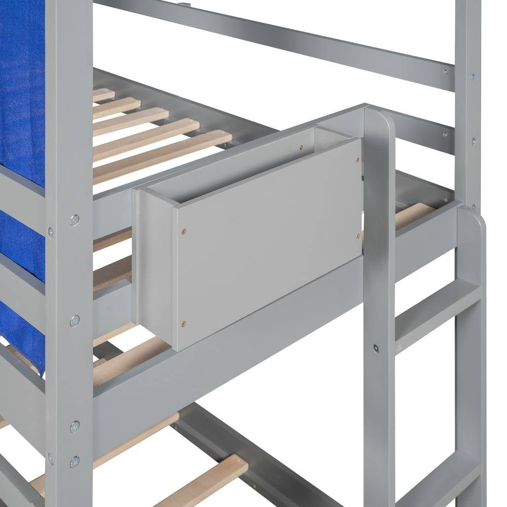 Harper & Bright Designs Gray Twin over Twin Wood House Bunk Bed with Blue Tent, Slide, Shelves, Blackboard, and Ladder