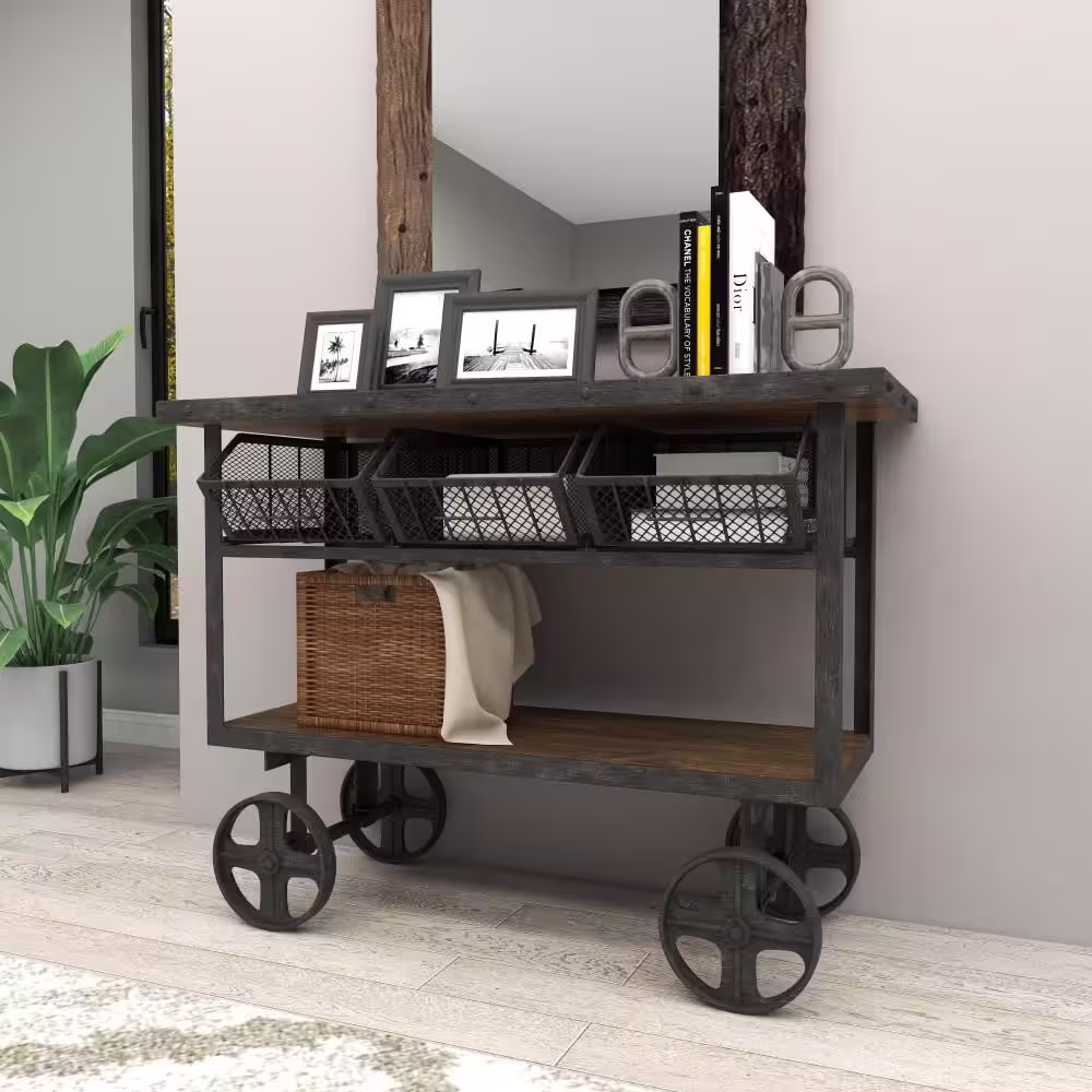 Litton Lane 48 in. Black Extra Large Rectangle Metal Industrial Rolling Cart 3 Basket Drawers Console Table