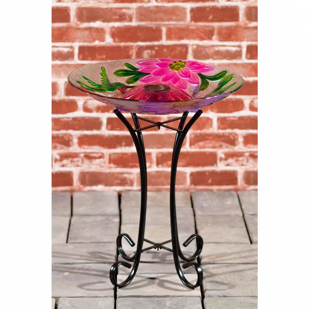 Hi-Line Gift Solar Glass Floral Hummingbird Bird Bath