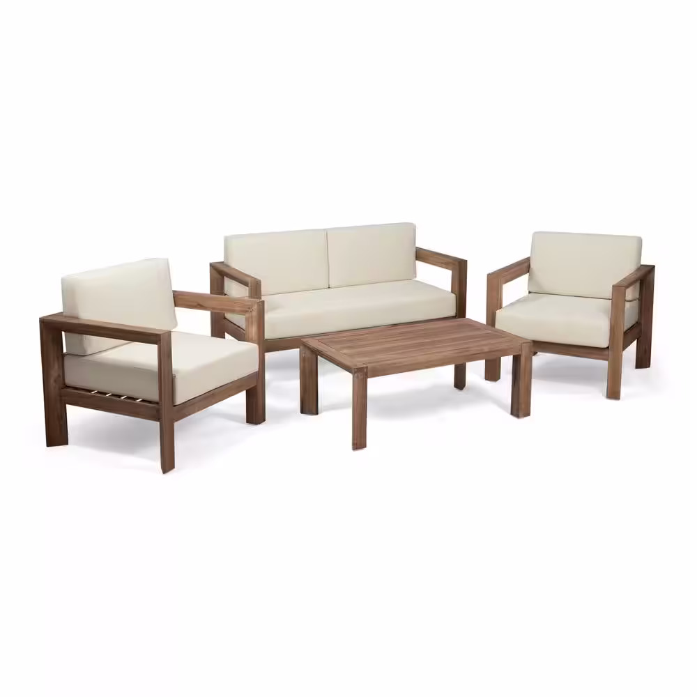 Noble House Genser Brown 4-Piece Acacia Wood Patio Conversation Set with Beige Cushions