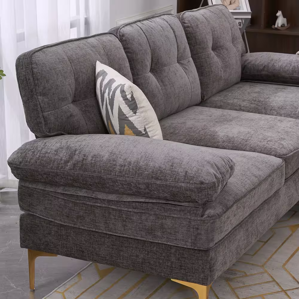 None 83 in. Wide Square Arm Chenille Mid-Century L-Shaped Sofa in Dark Gray 3-Seats