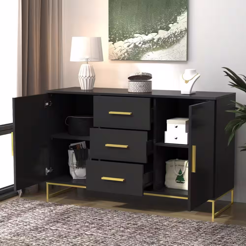 None Black Storage Accent Cabinets with 3-Drawers and 2-Cabinets, Metal Legs Cupboard Floor-Standing Sideboard
