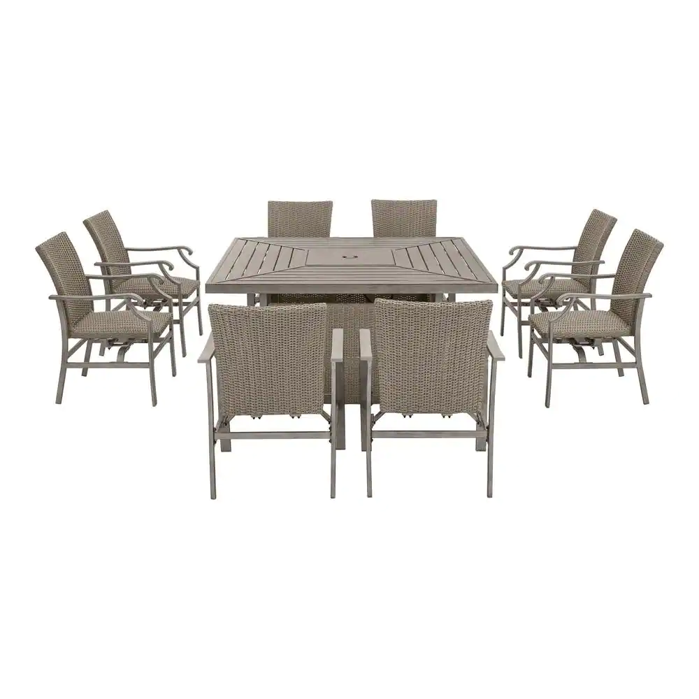 Home Decorators Collection Stonehaven 9-Piece Aluminum and Steel Wicker Counter Height Motion Outdoor Dining Fire Pit Set