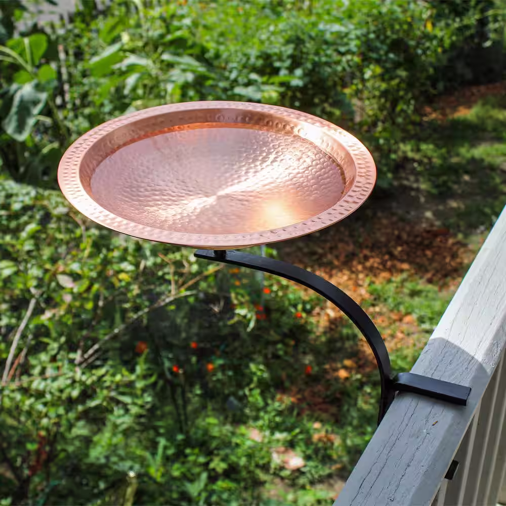 ACHLA DESIGNS 19 in. W Round Satin Hammered Solid Copper Birdbath Bowl with Black Wrought Iron Rail Mount Bracket