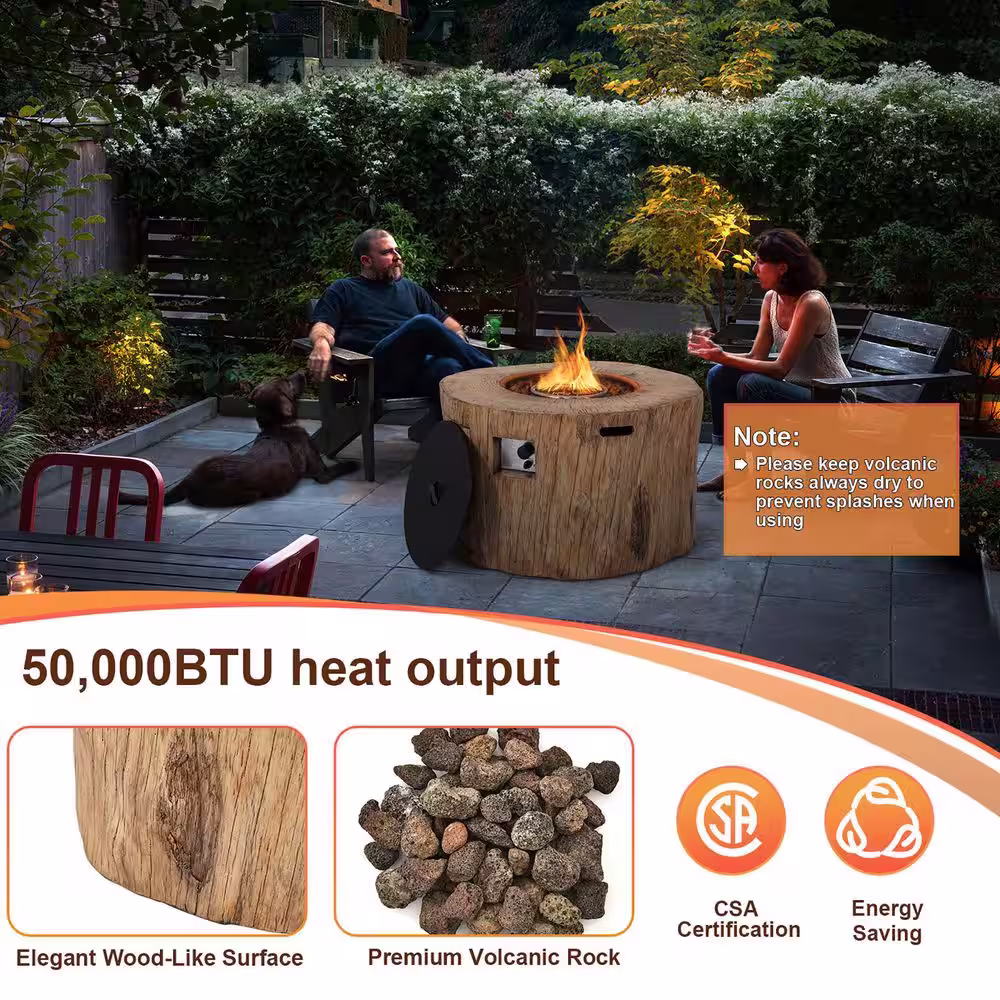 None 40 in. Stone Metal Round Propane Gas Fire Pit Table Wood-Like Surface with Laval Rock PVC Cover