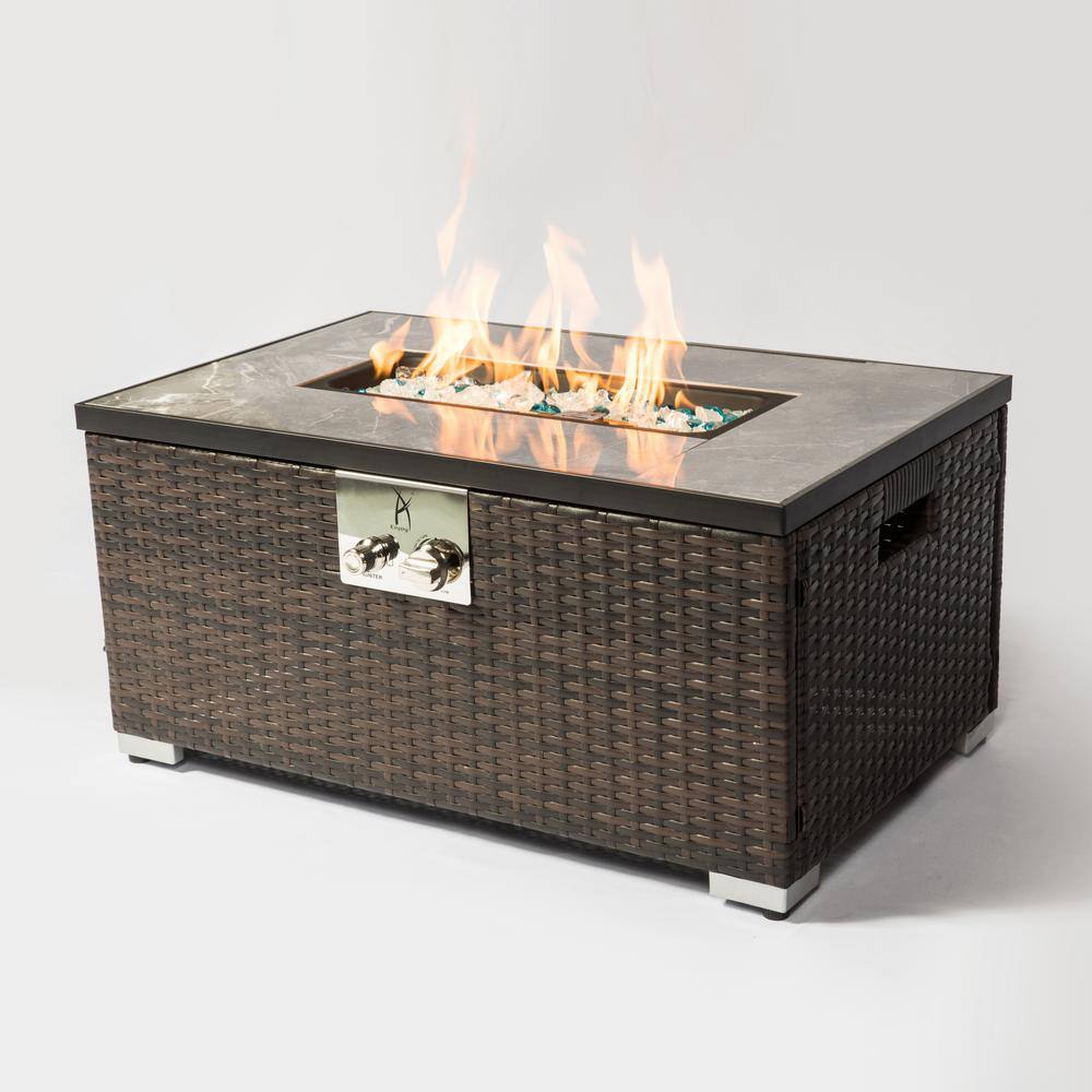None Brown Wicker Rectangular Outdoor Fire Pit Table with Ceramic Tile Tabletop